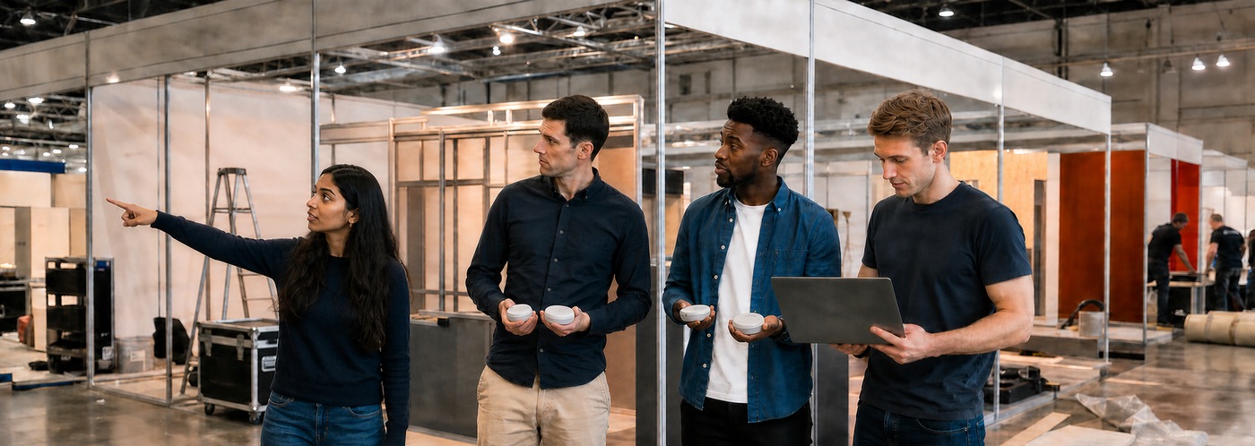 A four-person team discusses Bluetooth beacon placement during an exhibition build.